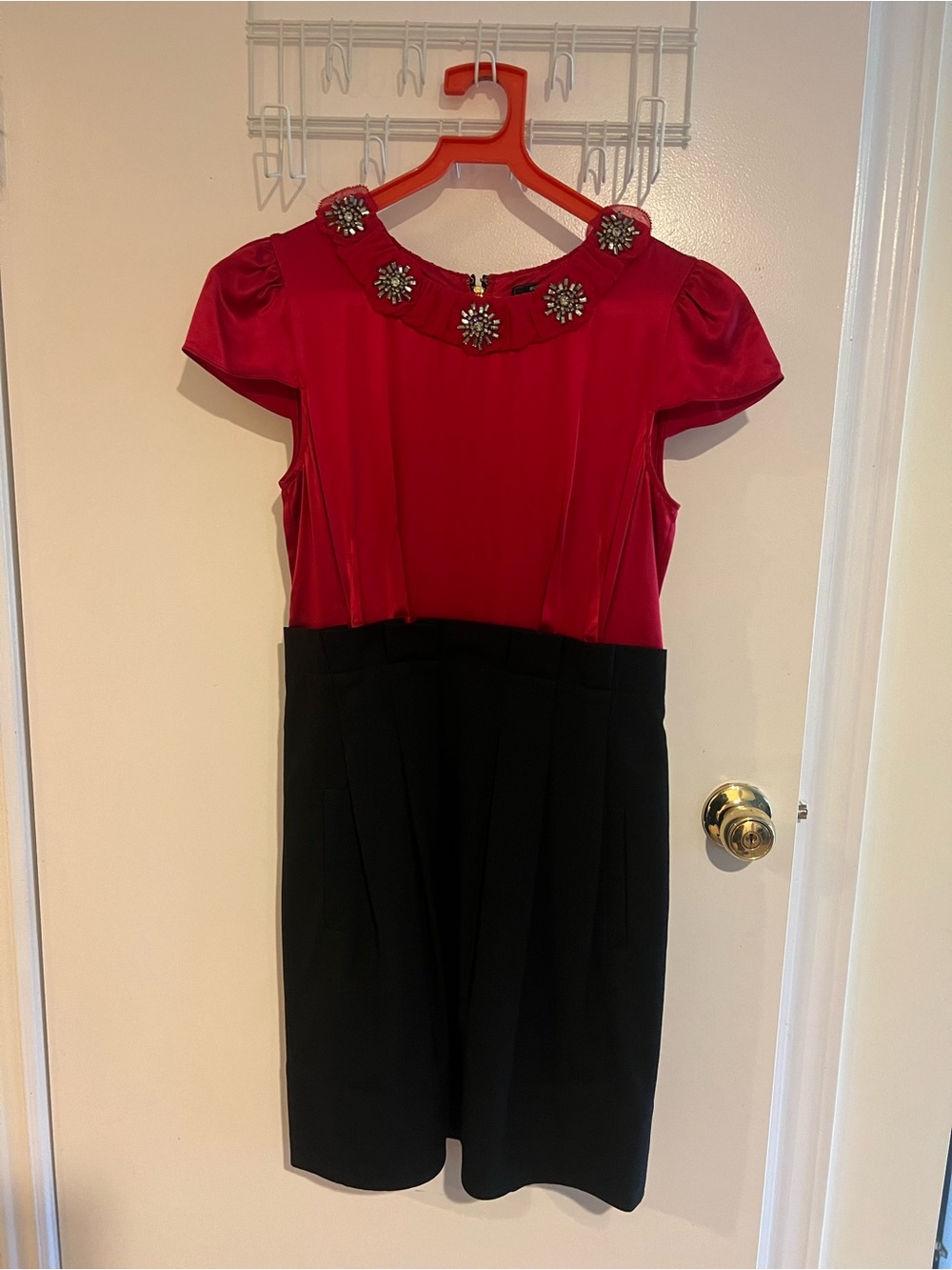 BCBGMaxAzria Red and Black Embellished Neck Midi Dress